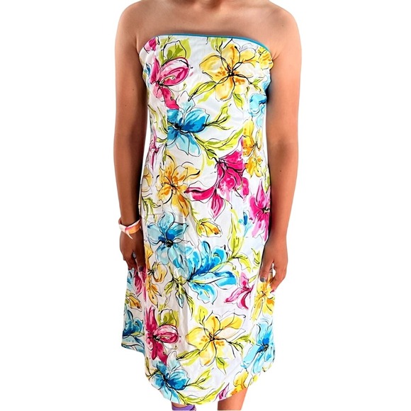 Mia Paluzzi Bright Floral Mini Dress Strapless Pink Blue Yellow Hibiscus Size 2 - Picture 1 of 12